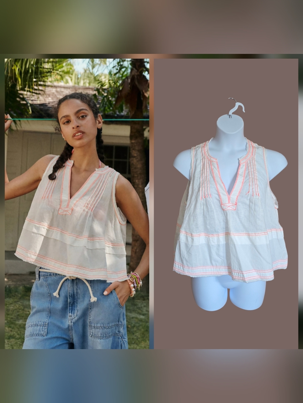 Anthropologie Pilcro Raw-Edge Linen Swing Tank Top Sz XL White Coral Stitch NWT